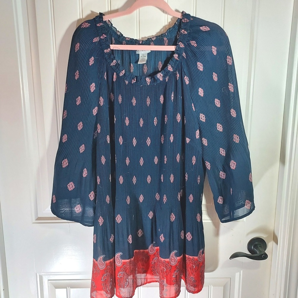 Catherines Pleated Tunic Blouse Womens 3X Blue Red Paisley Medallion Boho